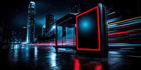 Nighttime cityscape with tall, lit-up skyscrapers and a road with light trails from traffic. A blank vertical billboard stands on the sidewalk. created by ai