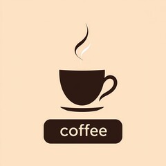 Simple coffee cup silhouette with steam on beige background  