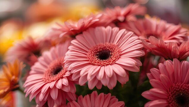 Fresh garbera flowers in a floral shop, vibrant colors, ideal for editorial backgrounds