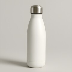 Stylish white reusable water bottle with silver cap on plain background.