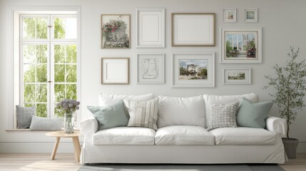 Fototapeta premium A bright and airy living room features a white couch decorative pillows and a gallery wall of art.