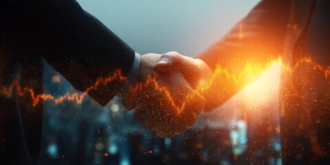 Close-up of a handshake with superimposed stock market data and network connections, concept for financial partnership, global investment strategy and business acquisition, corporate deal