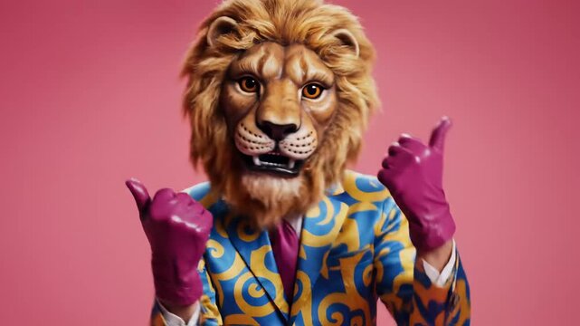 Person in highly detailed lion mask and flamboyant blue and yellow swirl-patterned suit with pink tie and gloves, standing with arms outspread against a magenta background, surreal fashion