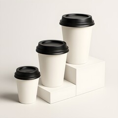 Three blank paper coffee cups with black lids, different sizes, on white risers.