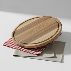 Oval wooden cutting board on checkered and beige napkins, bright studio shot.