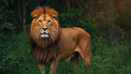 Majestic male Asiatic lion Panthera leo leo in jungle, symbol of strength in a natural habitat