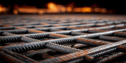 Close-up of steel reinforcing bar grid pattern with blurred city lights at night in background. Concept for construction materials, industrial strength and urban development, infrastructure projects