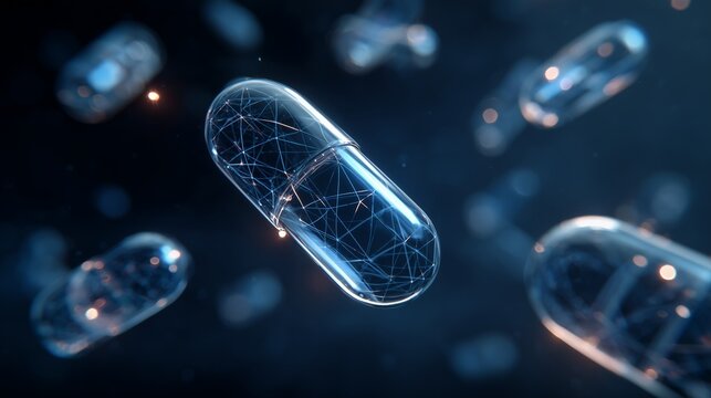 Floating transparent capsules with digital network inside on dark blue background, concept for pharmaceutical research, drug delivery systems and medical technology innovation