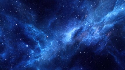 Obraz premium A cosmic scene shows brilliant stars twinkling in a sea of deep blue and vibrant swirling clouds.