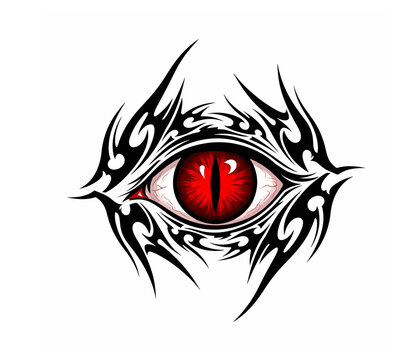 An intense, glowing red eye with a vertical reptilian pupil glares from within a frame of intricate, spiky black tribal tattoo patterns.