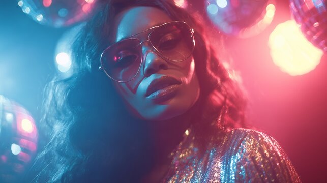 A glamorous woman in shimmering top and aviator sunglasses surrounded by disco balls, concept for nightlife promotion, retro party event and music album cover design