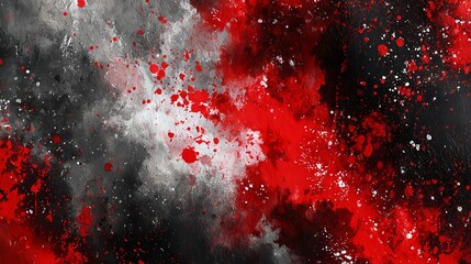 Vibrant red and black abstract grunge texture with artistic paint splatter and ink droplets