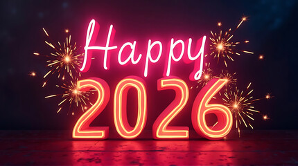 Neon sign displaying "Happy 2026" with fireworks, celebrating the new year.