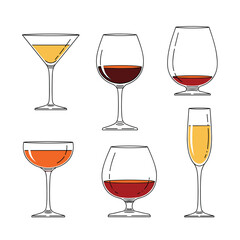 A collection of elegant glassware featuring various alcoholic beverages, including wine, cocktails, and spirits, presented in a hand-drawn style.