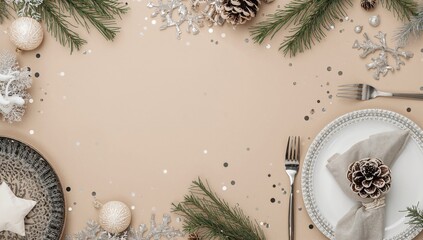 Festive charm and sophistication blend on this holiday table setting. Overhead flat lay featuring plates, utensils, Christmas baubles, silver deer figurine, decorative towel, frosty branches, pine