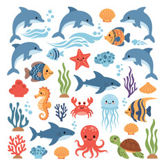 Colorful cartoon illustration of various marine life including dolphins, fish, sharks, coral, and other sea creatures in a playful underwater scene.