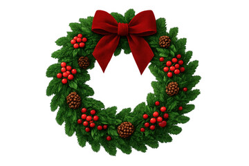 Christmas holiday wreath decorating home or front door, featuring red bow, pine cones, and berries with transparent background