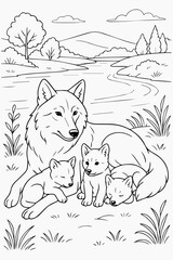 Adorable wolf family coloring book page with a mother wolf and her three pups resting in a nature landscape vector illustration