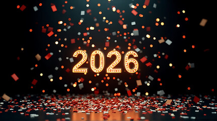 Illuminated "2026" text amidst falling confetti against a dark background, celebrating the new year.