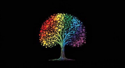 Vibrant rainbow tree bursting with color against black backdrop, symbolizing growth, diversity, and nature's artistry, ideal for positive messaging and creative projects