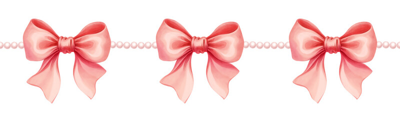 Pink ribbon bow garland seamless pattern Coquette vintage design Watercolor rococo aesthetics