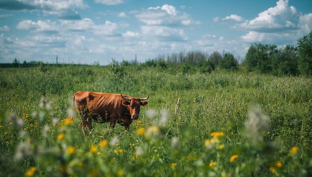 Aerial drone perspective, cattle grazing in a lush field, rural agriculture setting