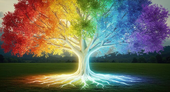 Stunning rainbow tree of life with vibrant colors and glowing roots evokes hope, growth, and connection to nature in a serene landscape, perfect for inspiring designs.