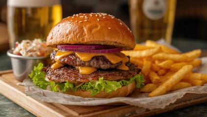 Delicious grilled beef sandwich with creamy mayo, accompanied by fries, coleslaw, and a cold beer