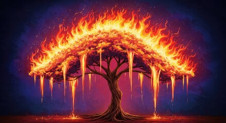Fiery tree ablaze with vibrant colors and intense heat, a symbol of transformation and power, set against a dramatic, mystical backdrop for fantasy art