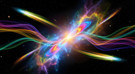 Energy Burst in the Cosmos: A dynamic interplay of vibrant beams of light creates a mesmerizing cosmic scene, filled with energy. It's a colorful spectacle of creation.