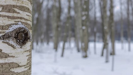 Close-up of birch bark with a soft-focus park scene, providing ideal copy space for nature and seasonal artwork. Snow blankets the surroundings, amplifying the wintry feel.