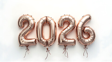 Rose gold foil balloons spelling out the year 2026, floating against a white backdrop.