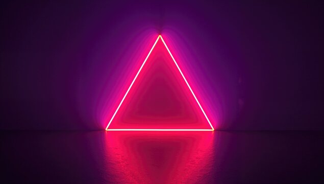 Glowing violet neon arch with infrared bright colors and laser display; red neon triangle entrance; illuminated lines forming a triangular tunnel; futuristic corridor; VR-inspired abstract background