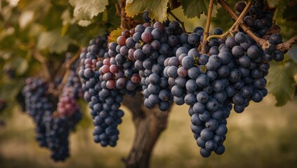 Black grape clusters growing on the slopes, highlighting the benefits of wine production