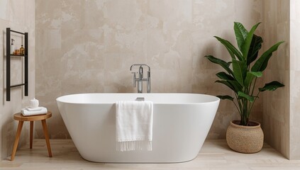 Fototapeta premium Sleek white porcelain bathtub in a minimalist bathroom setting with elegant home decor and greenery in a relaxing spa environment.