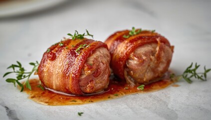 Bacon-wrapped pork medallions prepared with tenderloin, protein-rich meal