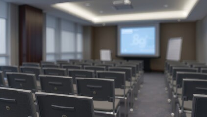 Obraz premium Blurred View of Vacant Conference Space with Chair Arrangements and Projector Screen, suitable for corporate presentations