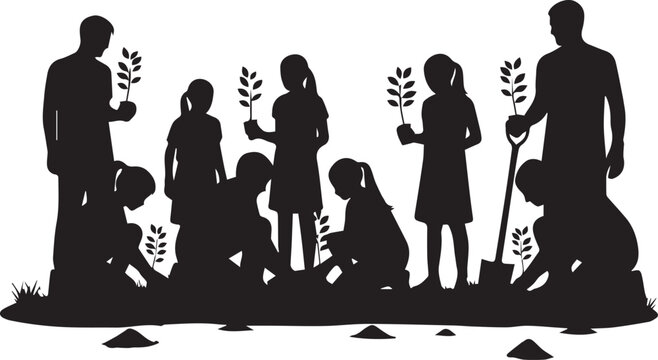 Diverse group of children and adults planting saplings for environmental sustainability on international volunteer day