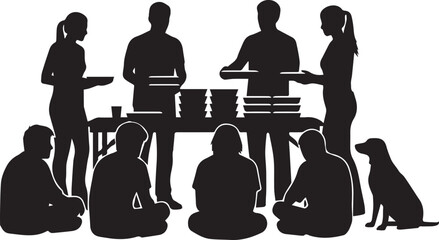 International volunteer day diverse group assisting people and animals silhouette scene