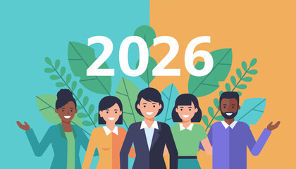 Happy diverse business team welcoming 2026 against a vibrant background