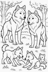 Wolf Coloring Book Illustration A Pack of Wolves in a Forest Setting