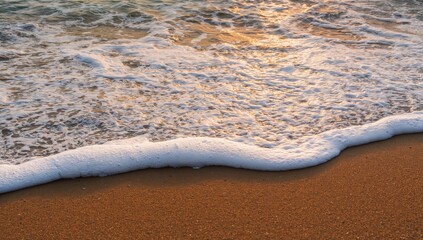 Tranquil ocean surf with shimmering sandy shore, serene and romantic seaside scene at dusk