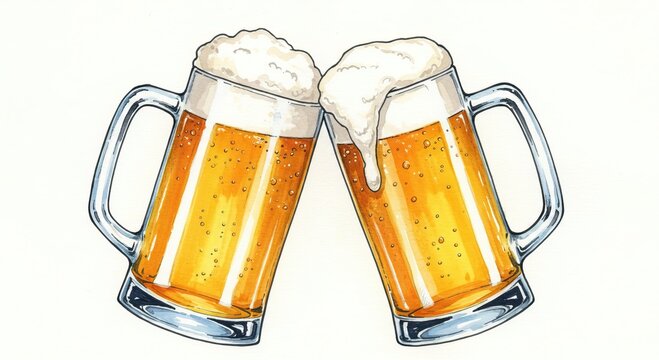 A vibrant illustration of two overflowing beer mugs clinking together in a cheerful toast, symbolizing celebration, friendship, and refreshing good times