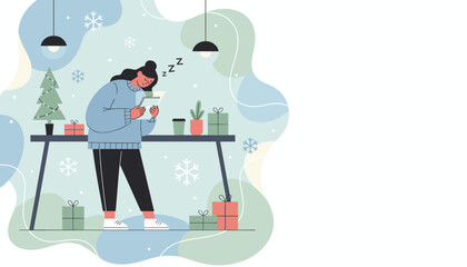 Exhausted woman falls asleep reading tablet in cozy winter setting with holiday gifts