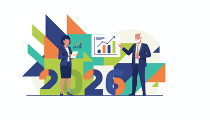 Business partners review 2026 financial report and projected growth chart Flat vector illustration
