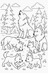 Wolf Pack Coloring Page Wolves in a Forest Scene for Creative Fun
