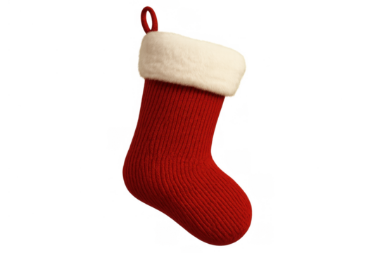 Red christmas stocking with white cuff ready for gifts and holiday celebration, transparent background