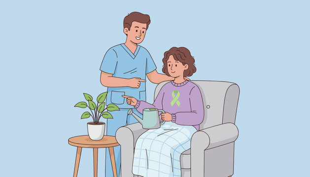 Caring nurse assists patient with mental health awareness ribbon in watering a houseplant