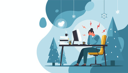 Stressed worker suffers burnout at desk among excessive papers and winter scenery