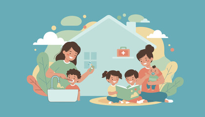 Happy family illustration Mothers caring for children teaching hygiene reading and nurturing at home
